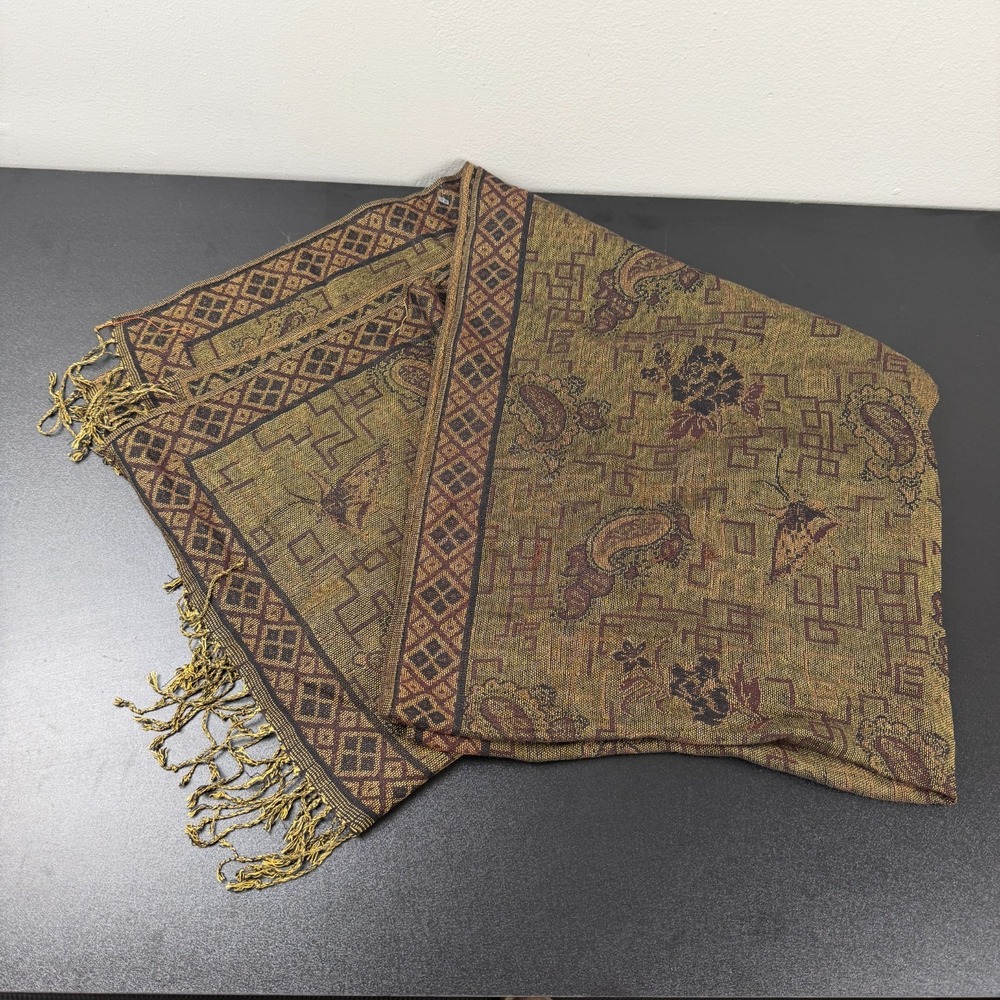 Pashmina Shawl Wrap Scarf Women's Brown Silk Paisley Geometric Print Fringe Trim
